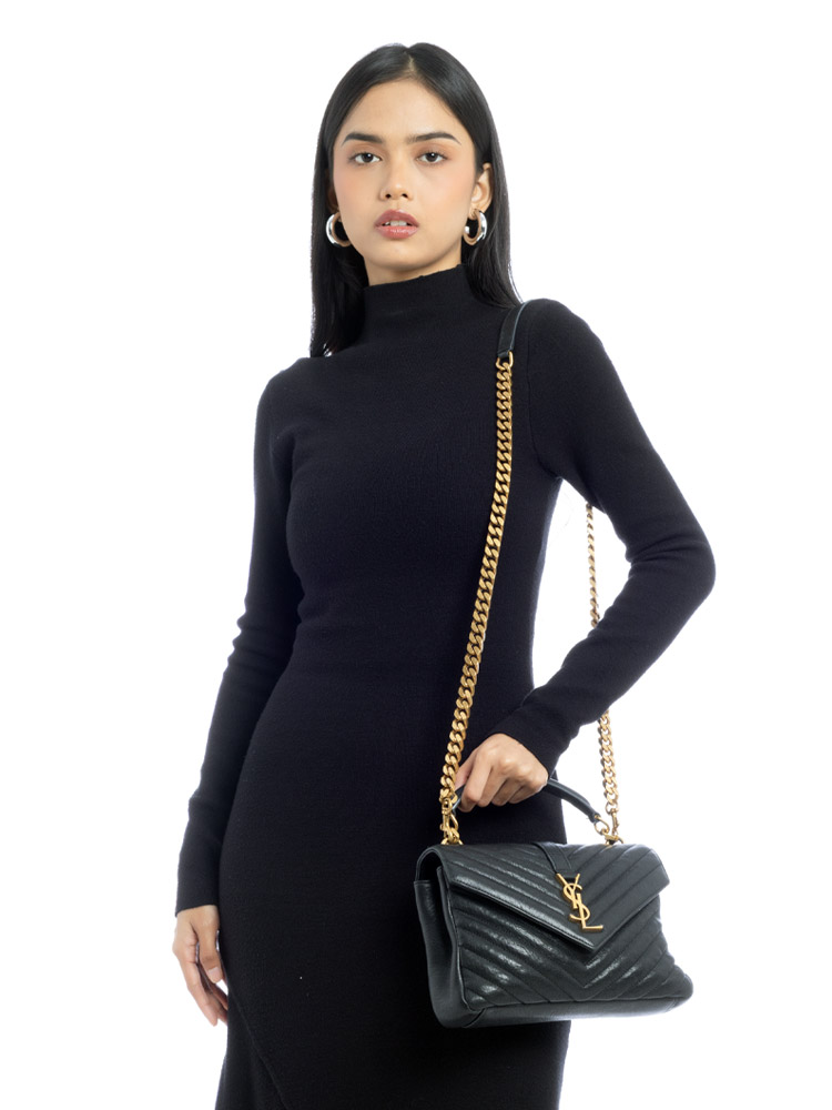 Sheepskin Matelasse Monogram College Medium Shoulder Bag Black