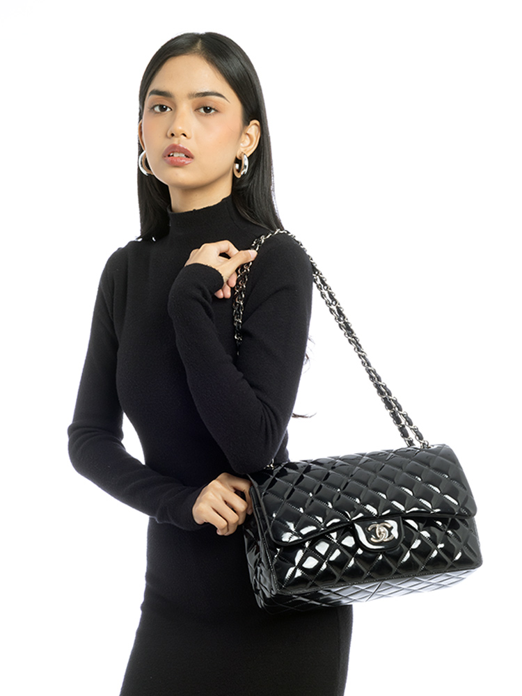 Patent Jumbo Classic Double Flap Bag Black