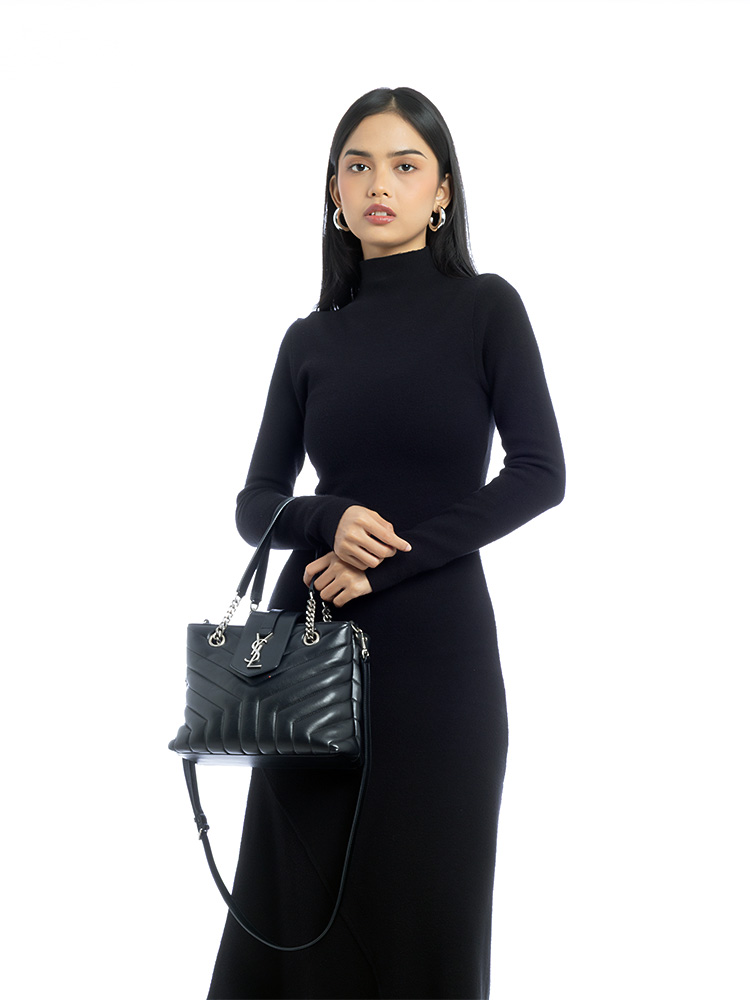 Calfskin Y Quilted Monogram Loulou Small Shopper Black