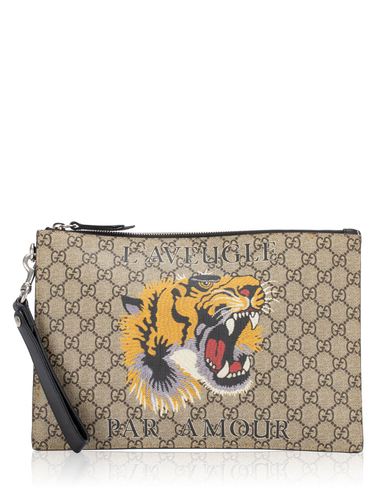 GG Supreme Tiger Zip Wrist Pouch Beige