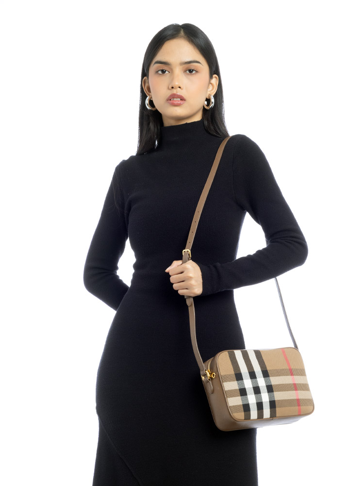 Calfskin House Check Camera Bag Earth