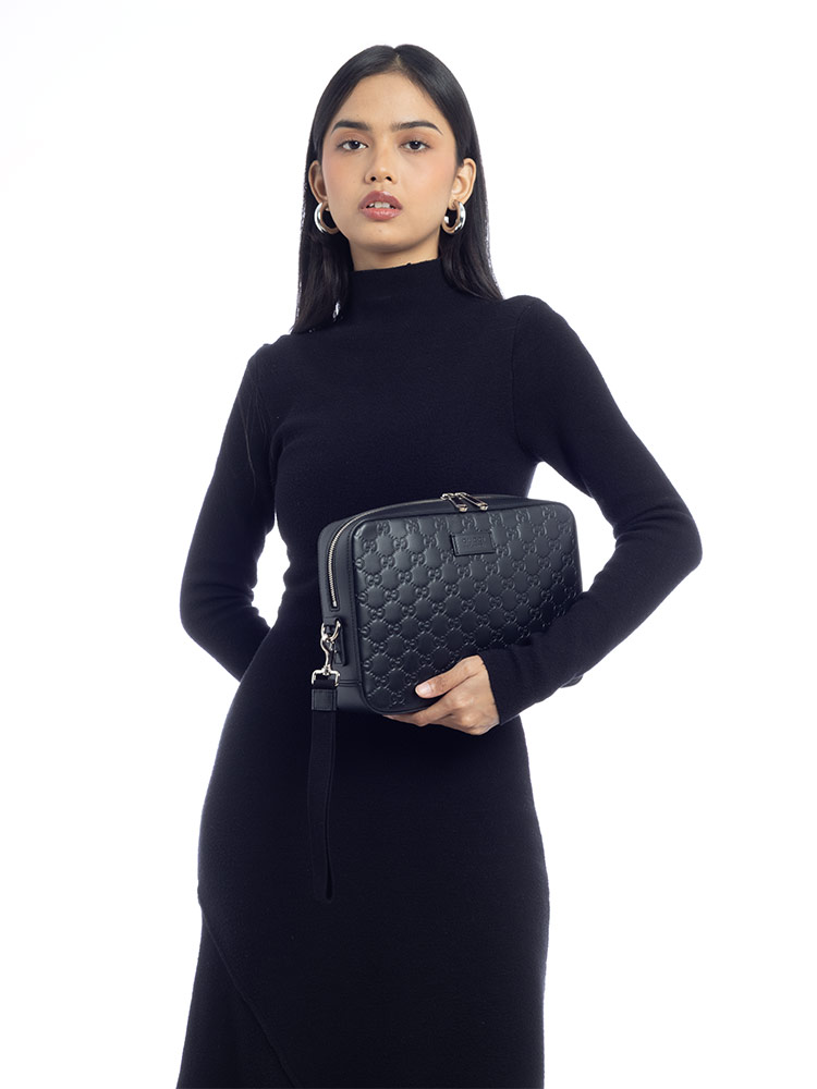 Guccissima Pochette with Wrist Strap Black