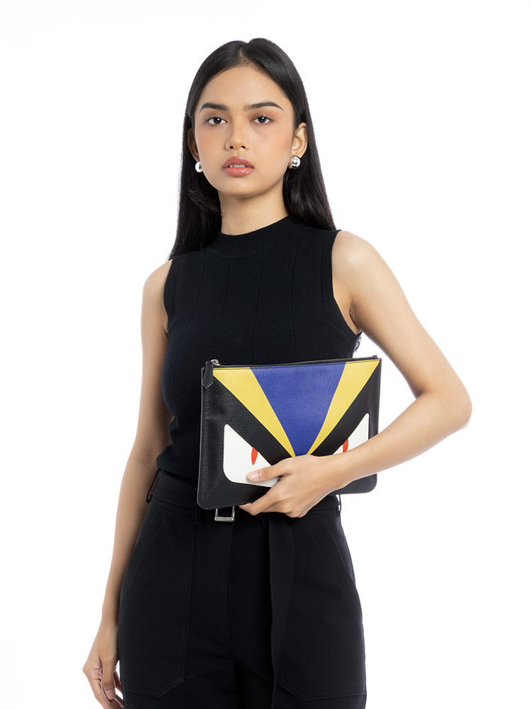 Calfskin Monster Eyes Inlay Pouch Black Multicolor
