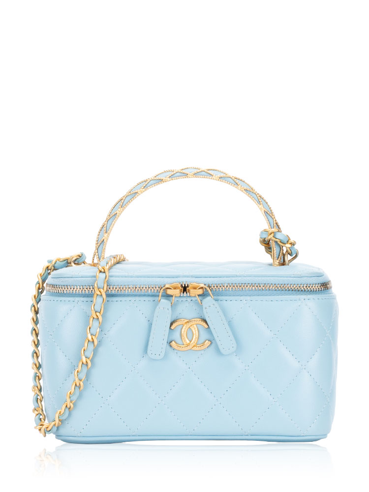 Lambskin Metal Twist Small Top Handle Vanity Case With Chain Blue