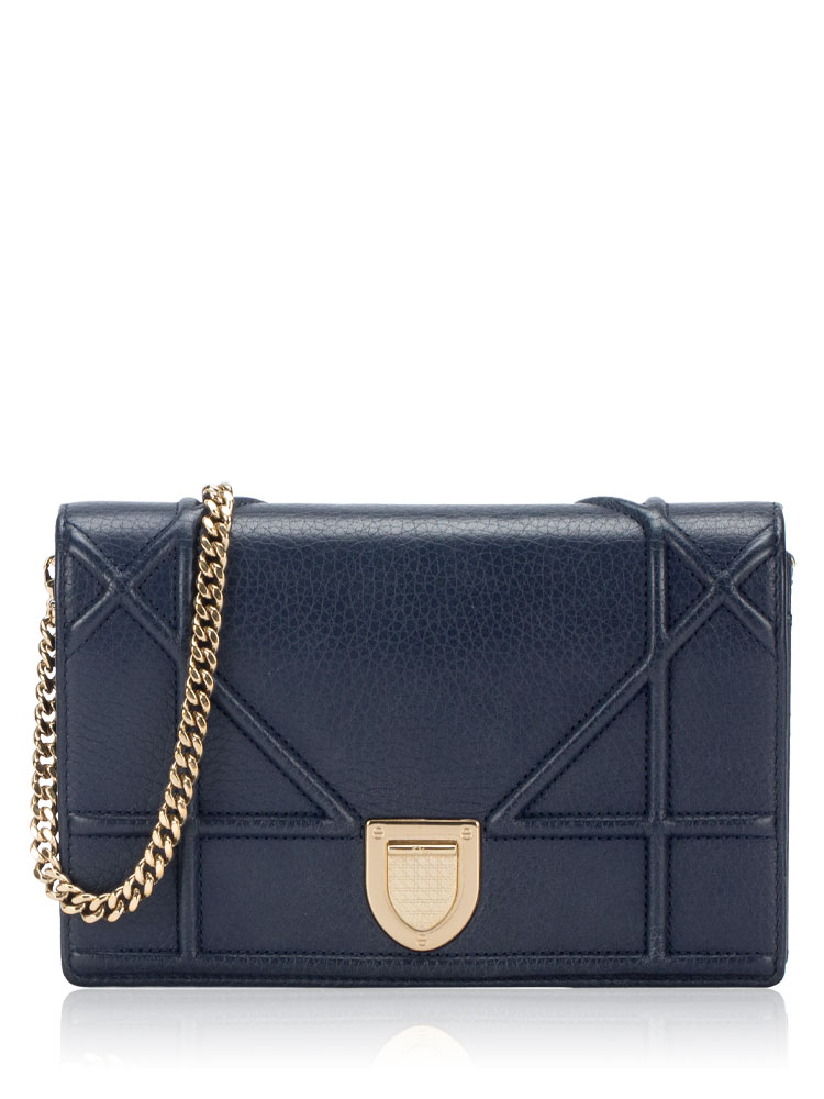 Grained Calfskin Diorama Wallet on Chain Dark Blue