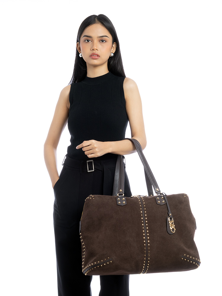 Astor Suede Studded XL Weekender Bag Chocolate