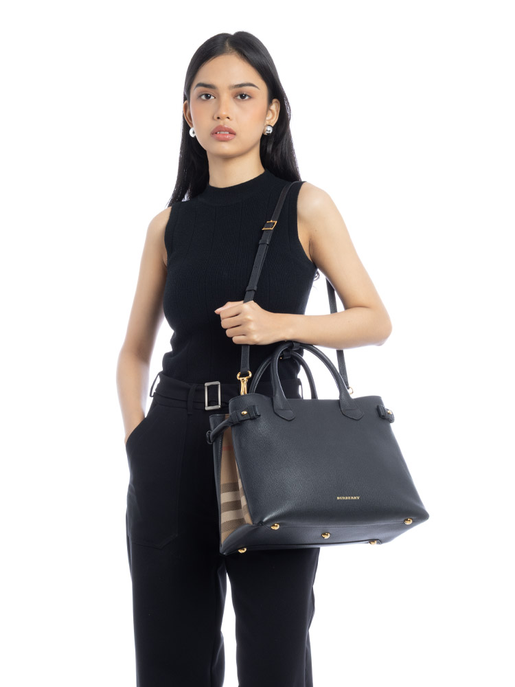 Grainy Calfskin House Check Medium Banner Tote Black