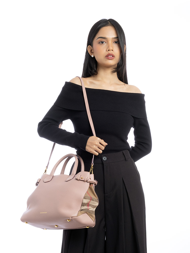 Grainy Calfskin House Check Banner Medium Tote Pale Orchid