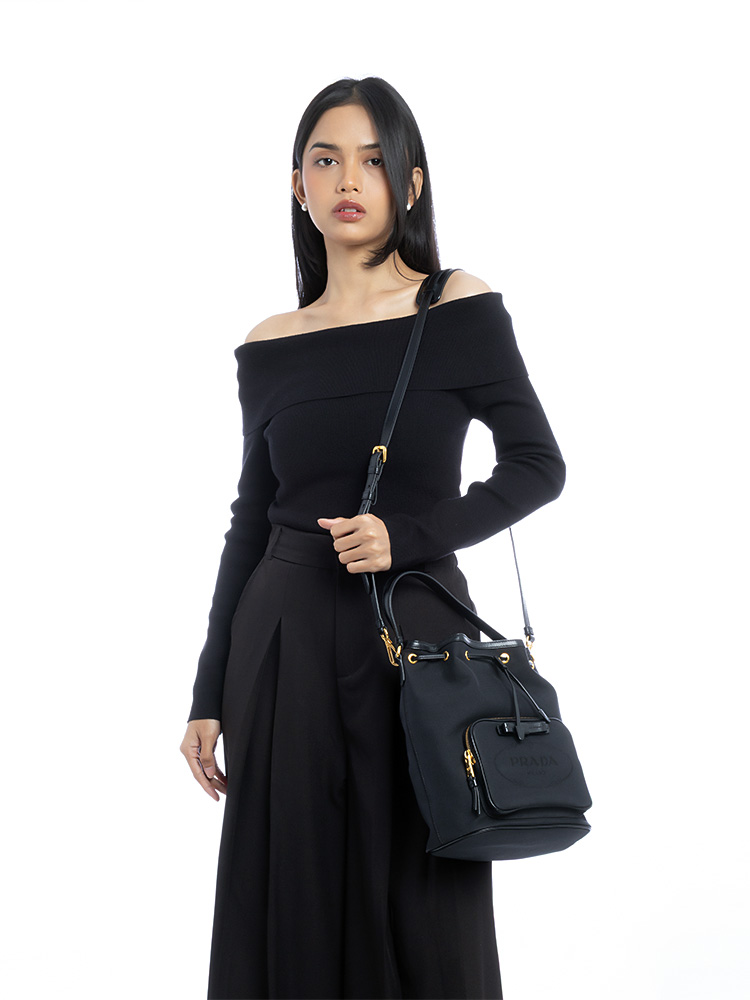 1BH097 Corda Jacquard Duet Bucket Bag Nero