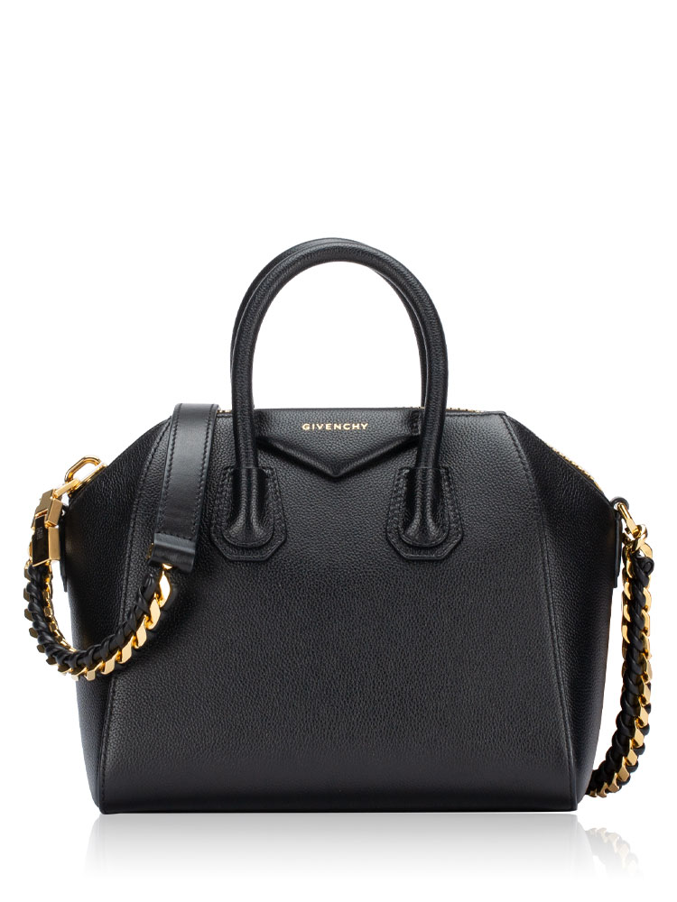 Grained Leather Mini Antigona with Metal-Braided Strap Black