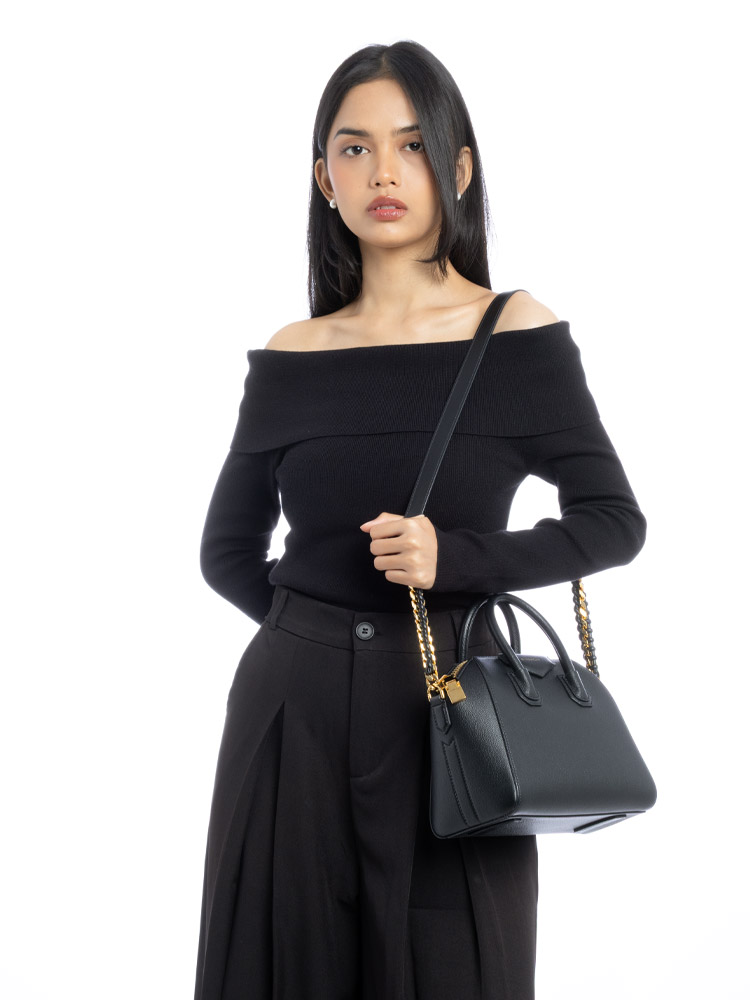 Grained Leather Mini Antigona with Metal-Braided Strap Black