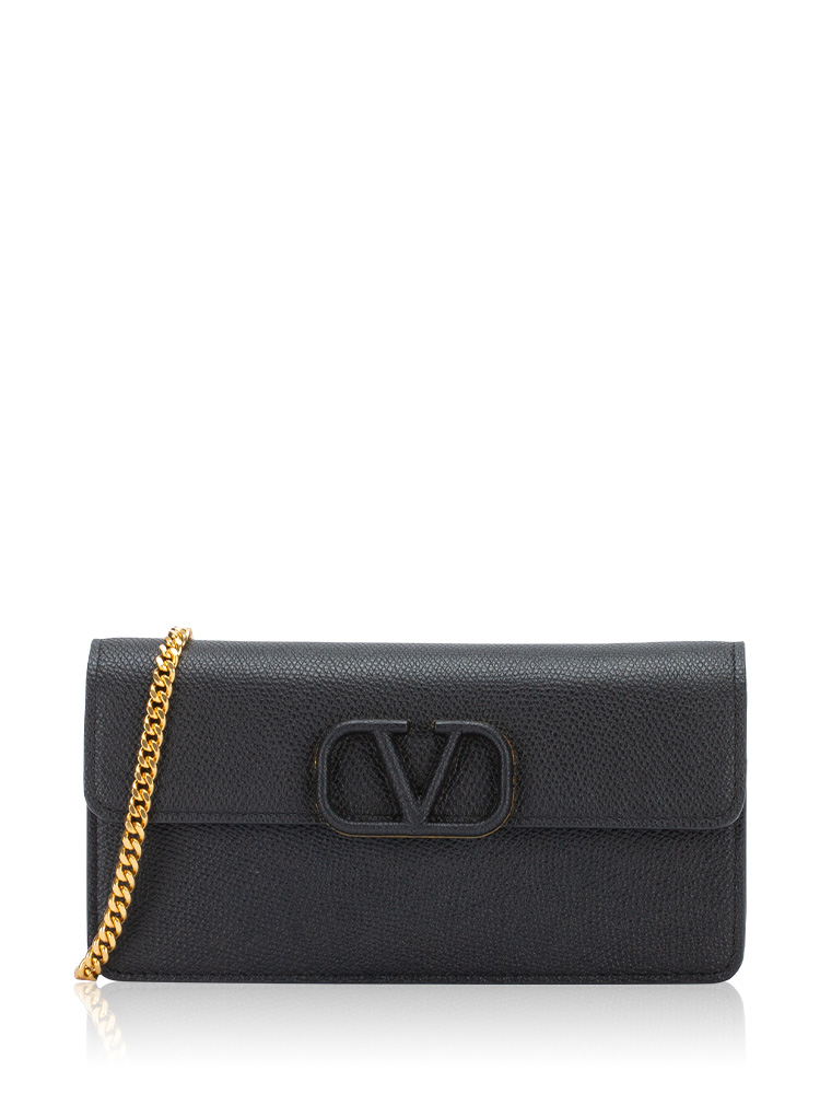 Grainy Calfskin Vlogo Chain Wallet Black
