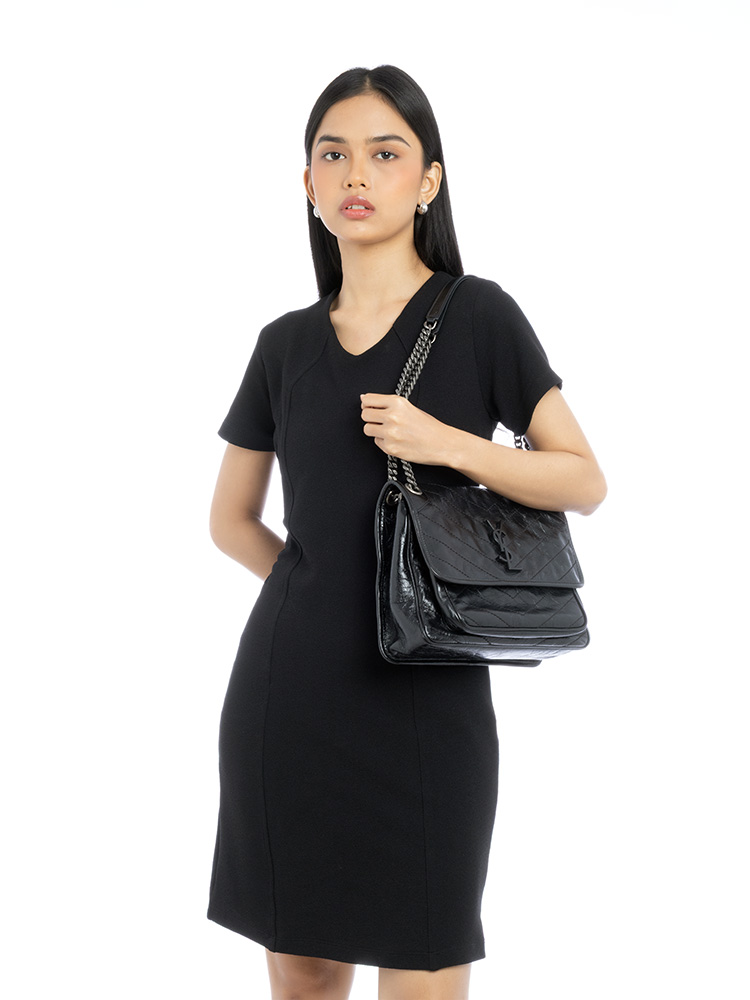 Crinkled Calfskin Monogram Niki Medium Shoulder Bag Black