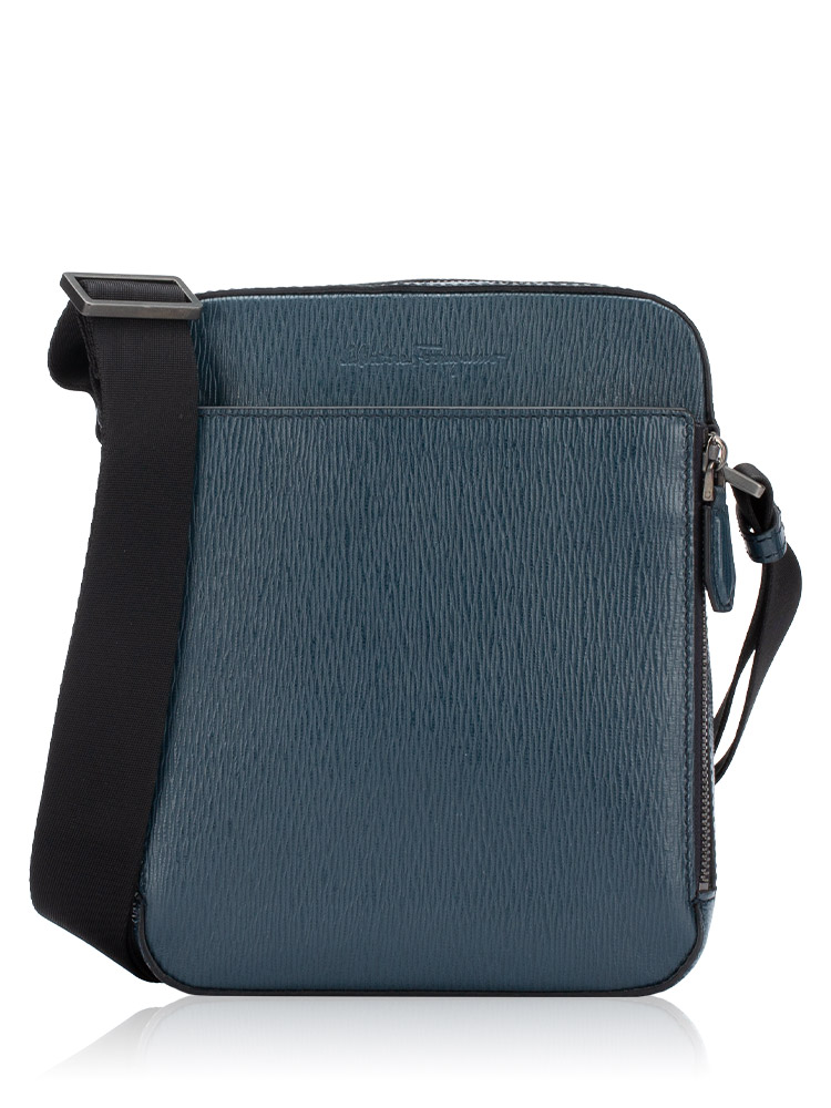 Men Textured Calfskin Messenger Blue