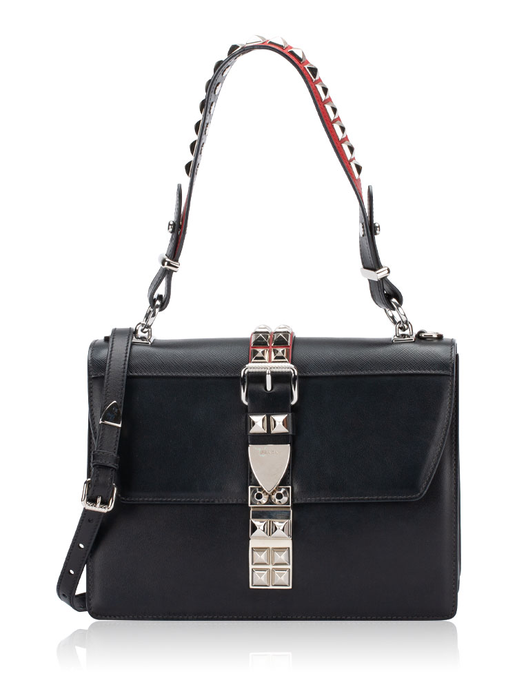 Saffiano City Calf Studded Elektra Shoulder Bag Nero Fuoco