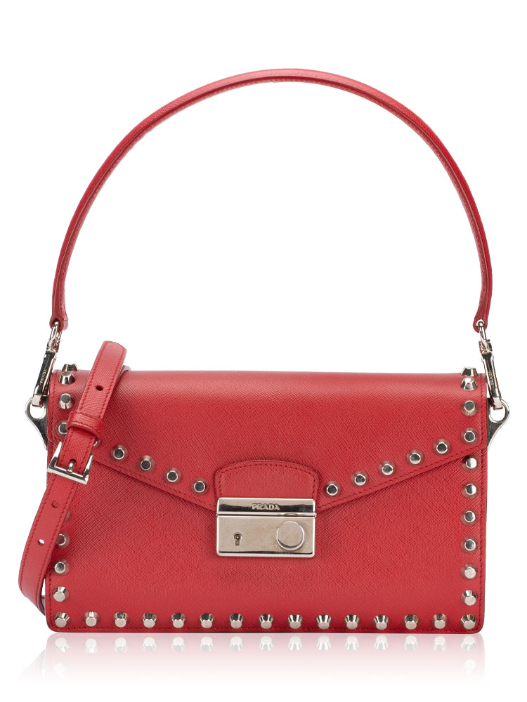 Saffiano Lux Studded Sound Shoulder Bag Rosso