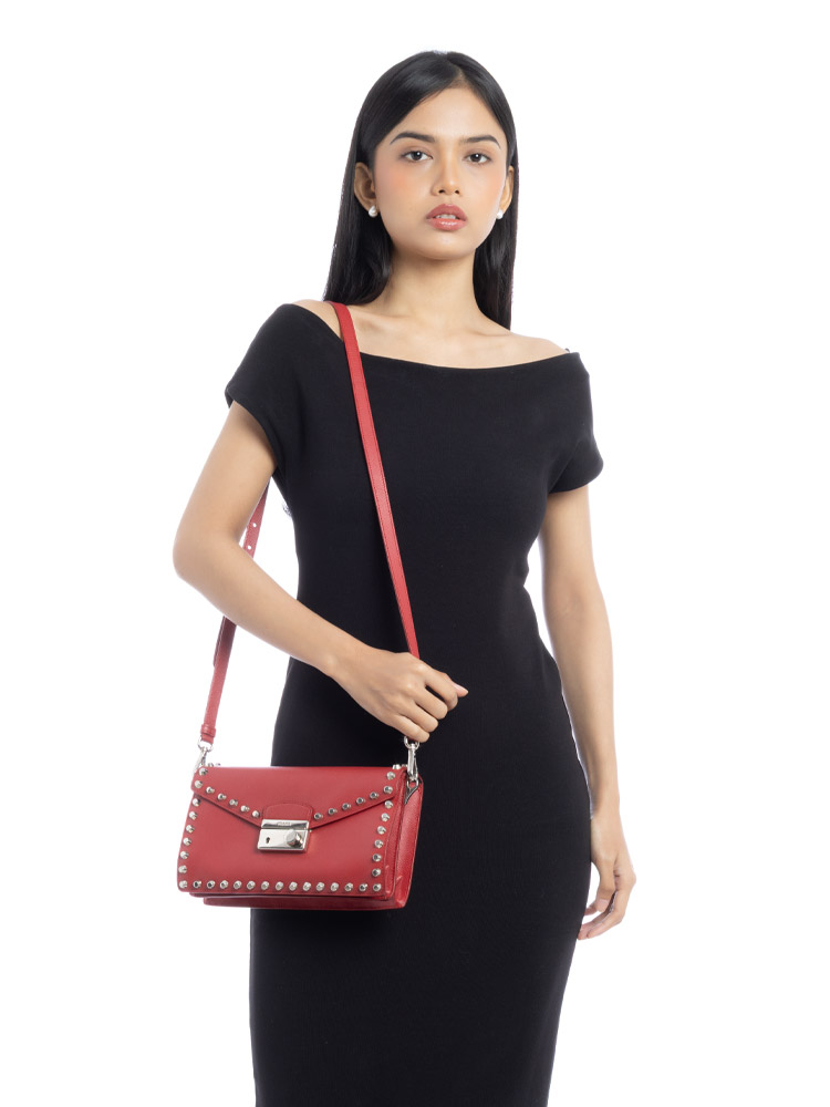 Saffiano Lux Studded Sound Shoulder Bag Rosso