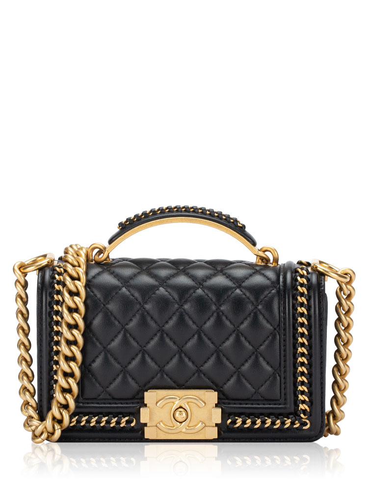 Lambskin Boy Chain Around Small Top Handle Bag Black
