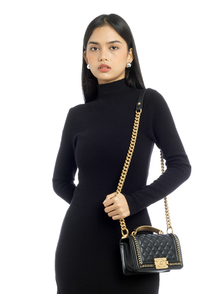 Lambskin Boy Chain Around Small Top Handle Bag Black