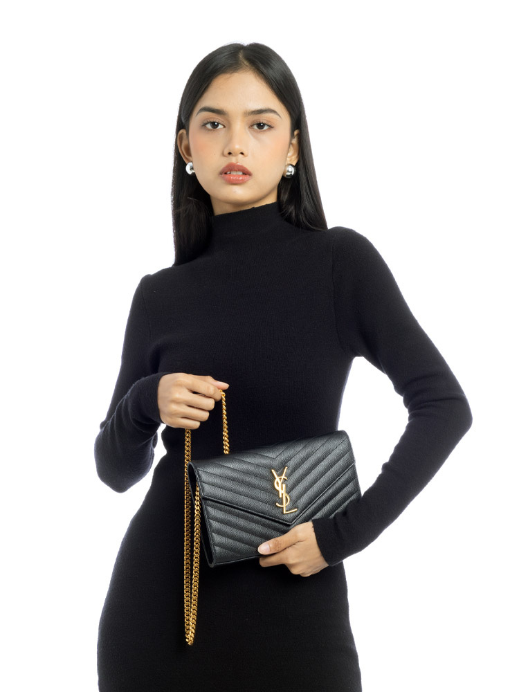 Grain De Poudre Matelasse Monogram 22cm Chain Wallet Black