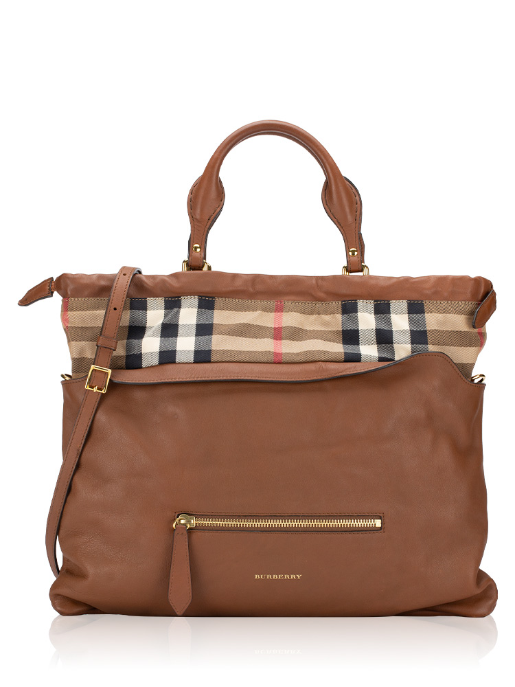Calfskin House Check Big Crush Tote Brown Ochre