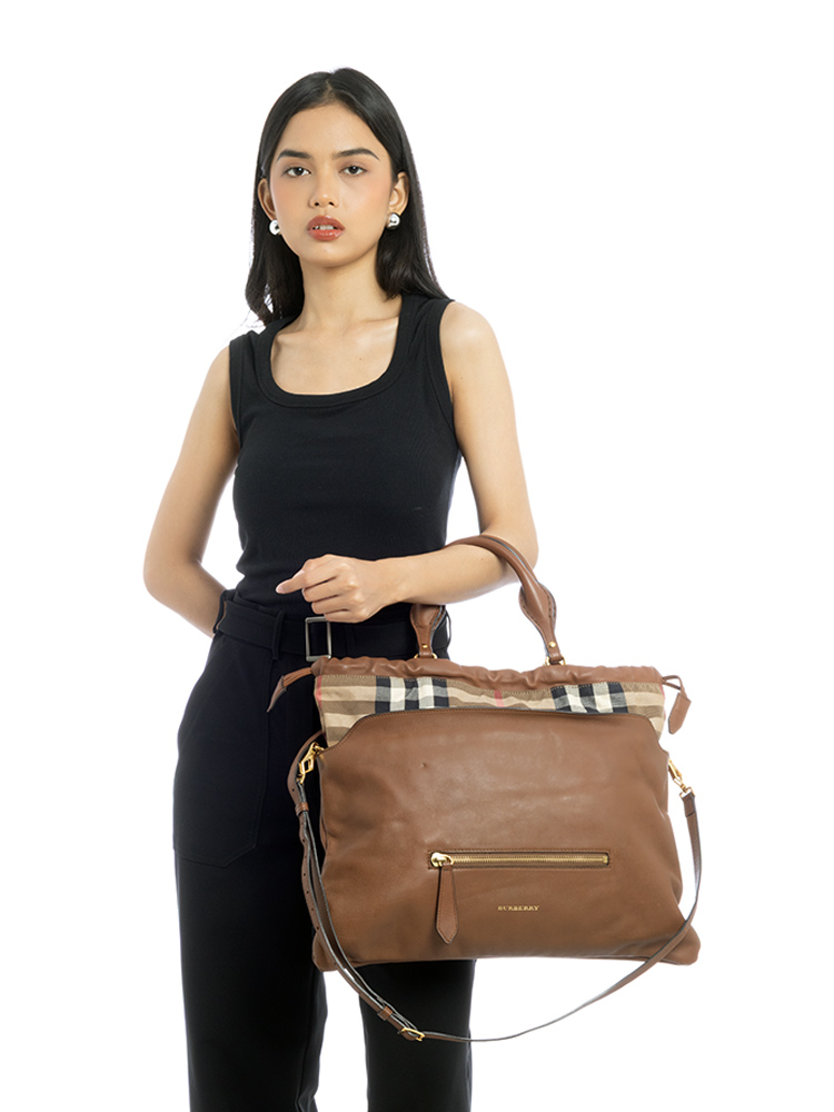Calfskin House Check Big Crush Tote Brown Ochre