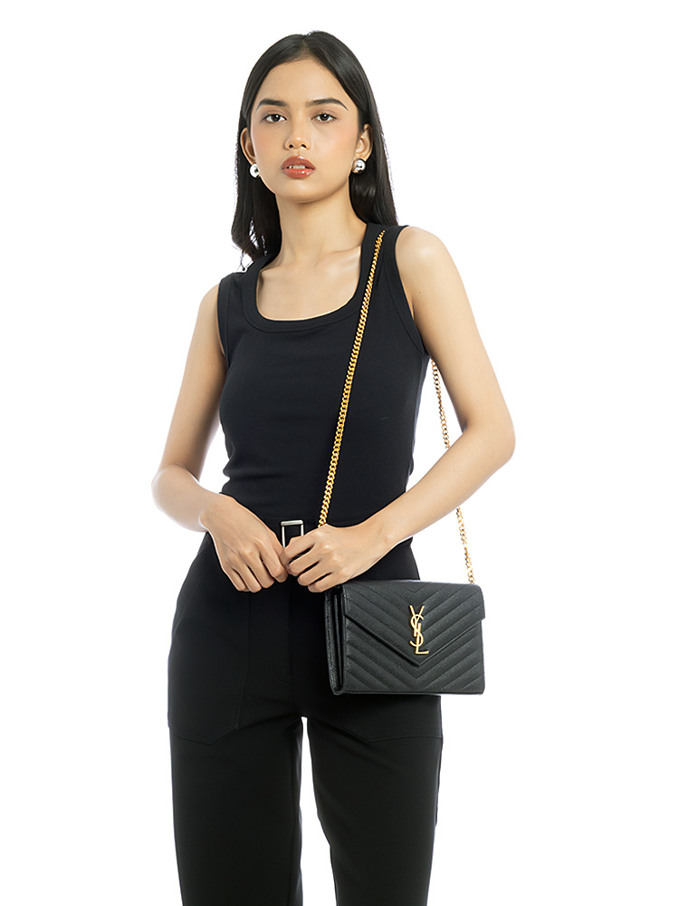 Grain De Poudre Matelasse Monogram 22cm Chain Wallet Black