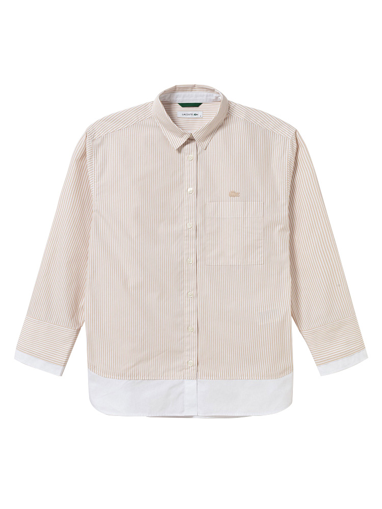 Layered Detail Long Sleeve Shirt Beige Stripe Sz 38 - L