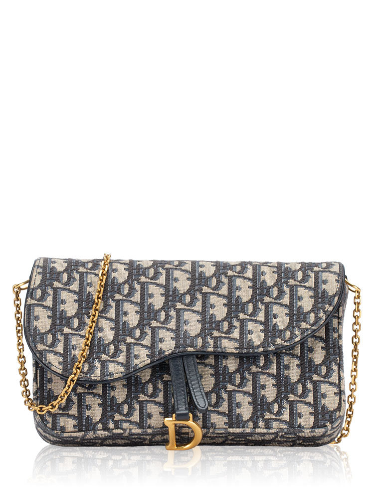 Oblique Saddle Medium Pouch With Chain Blue