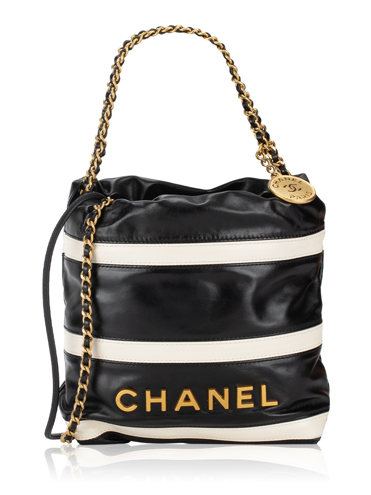 Shiny Calfskin Striped Mini Chanel 22 Black White