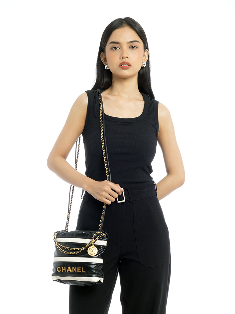 Shiny Calfskin Striped Mini Chanel 22 Black White