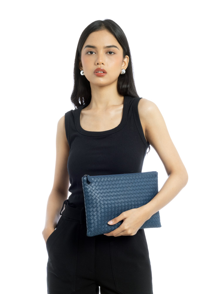 Lambskin Intrecciato Zip Pouch Blue