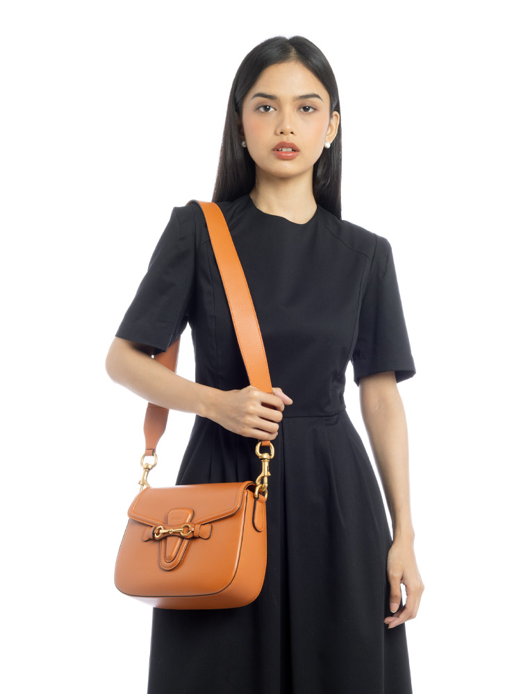 Calfskin Lady Web Medium Shoulder Bag Brown