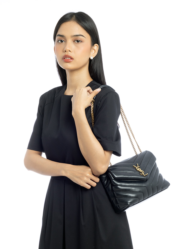 Calfskin Y Quilted Monogram Loulou Small Shoulder Bag Black
