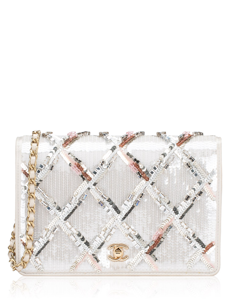 Lambskin Sequin Embroidered Cruise Wallet on Chain Champagne Silver
