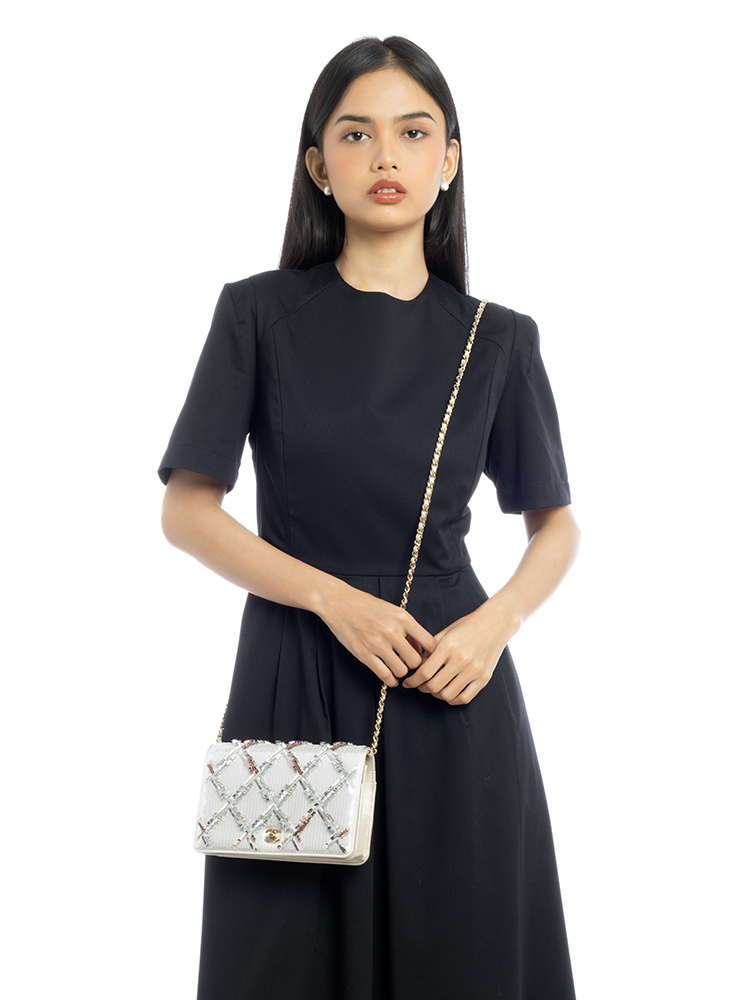 Lambskin Sequin Embroidered Cruise Wallet on Chain Champagne Silver