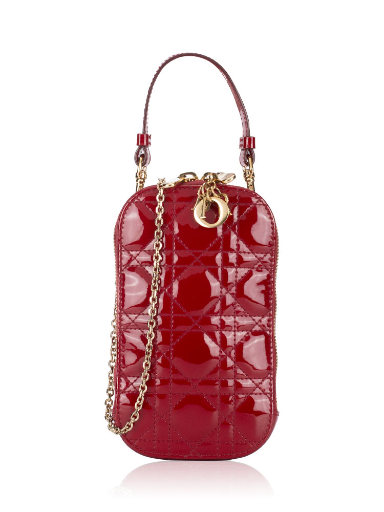 Patent Cannage Lady Dior Phone Holder Red