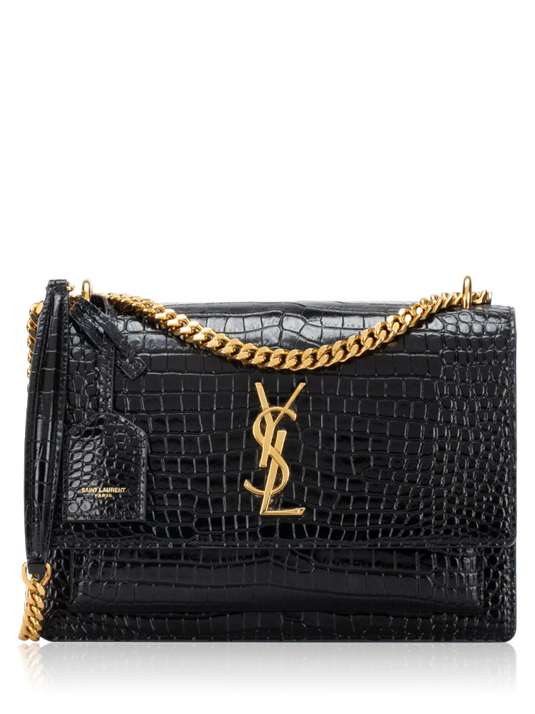 Croco Embossed Monogram Sunset Medium Shoulder Bag Black