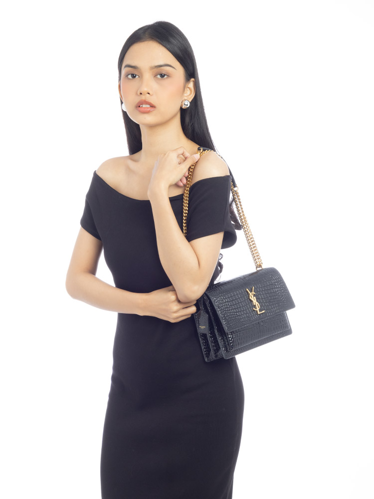 Croco Embossed Monogram Sunset Medium Shoulder Bag Black