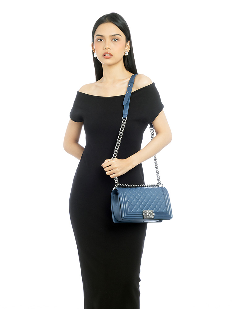 Caviar Boy Medium Flap Bag Dark Blue