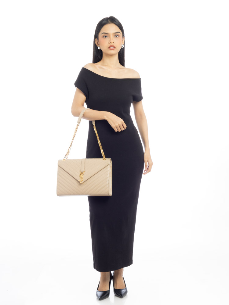 Grain De Poudre Monogram Envelope Large Shoulder Bag Dark Beige