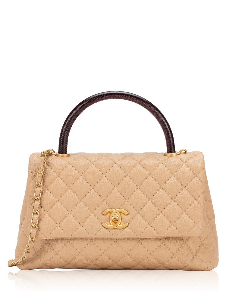 Caviar Lizard Handle Medium Coco Handle Flap Bag Beige