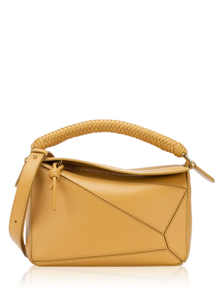 Calfskin Small Puzzle Bag with Woven Handle Sahara