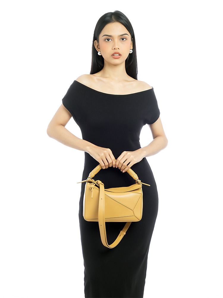 Calfskin Small Puzzle Bag with Woven Handle Sahara
