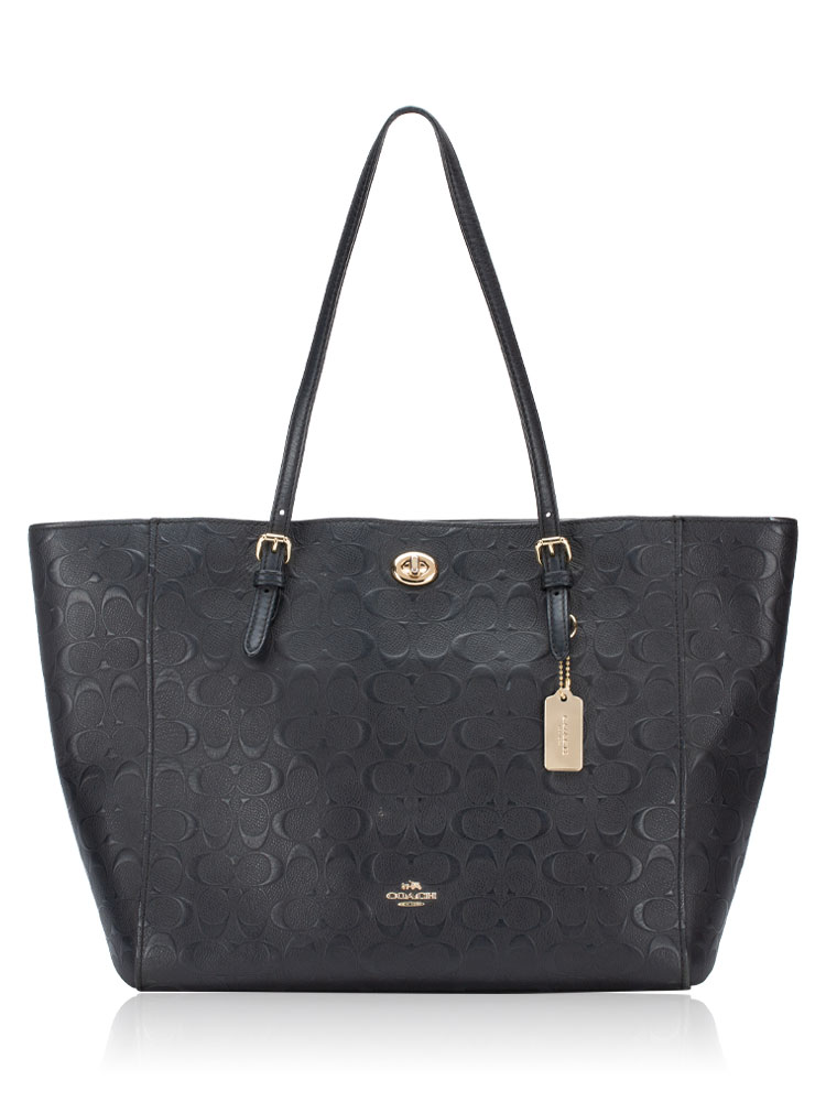37191 Signature Embossed Leather Turnlock Tote Black