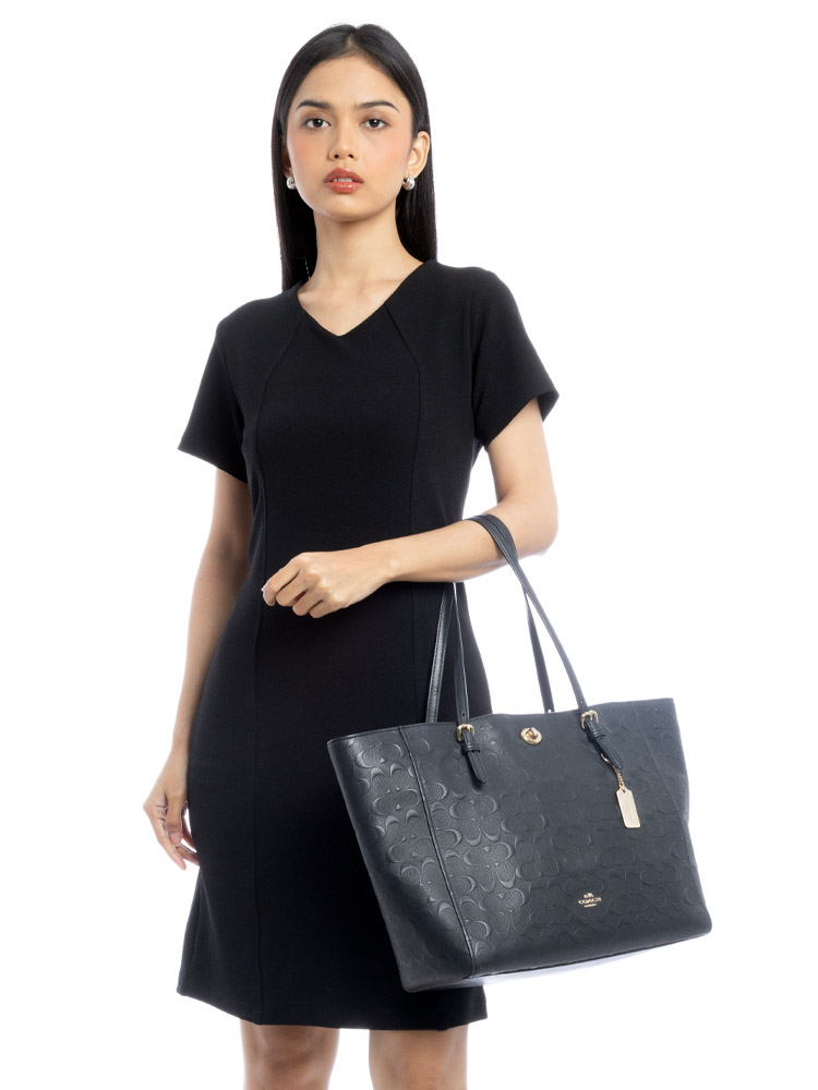 37191 Signature Embossed Leather Turnlock Tote Black