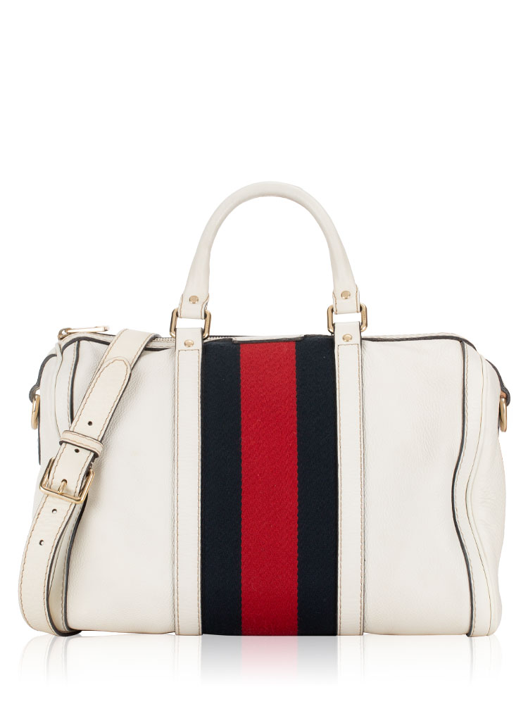 Calfskin Vintage Web Medium Boston Bag with Strap White