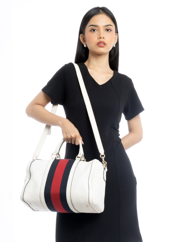 Calfskin Vintage Web Medium Boston Bag with Strap White