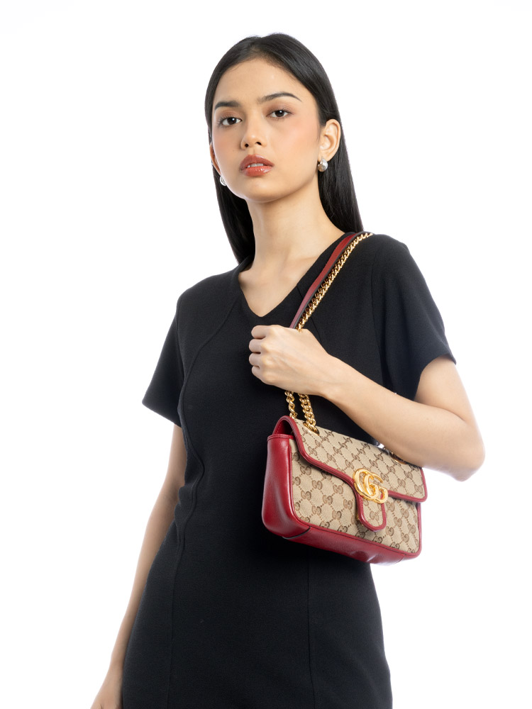 Canvas Matelasse GG Marmont Mini Shoulder Bag Beige Cherry Red