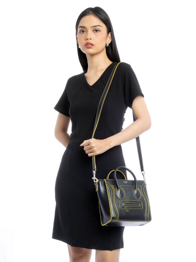 Satin Calfskin Debossed Nano Luggage Black Yellow